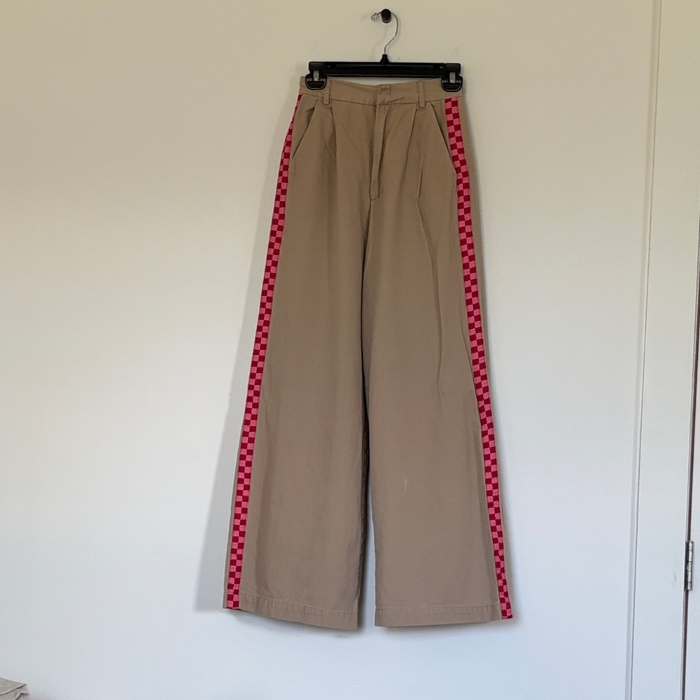 Lazy Oaf Checkered Stripe Wide Leg Khaki Track Pants Trousers size 24 - Picture 4 of 13